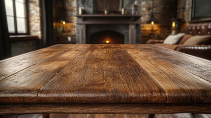 Rustic wooden table in front of fireplace