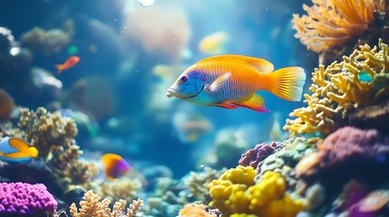 Obraz premium Colorful Tropical Fish Swimming Among Vibrant Coral Reef Underwater Scene