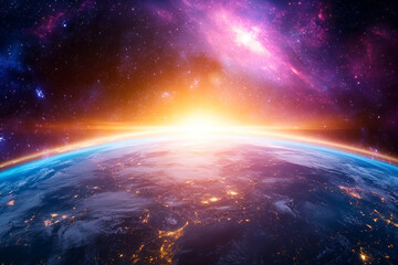 Earthrise Sunrise over illuminated planet, space