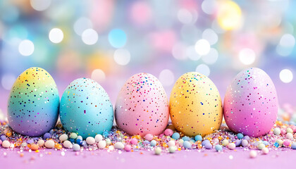 Easter Decorated eggs, colorful, on purple surface, bokeh background, light