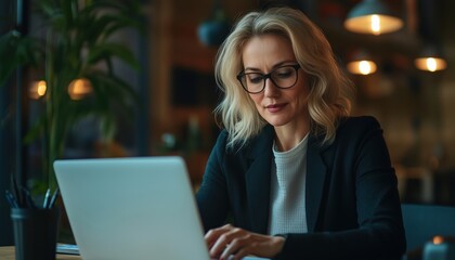 40-Year-Old Female Executive Manager Busy In Office, Utilizing Laptop For Work, E-Learning, And Hybrid Meetings While Sitting At Desk