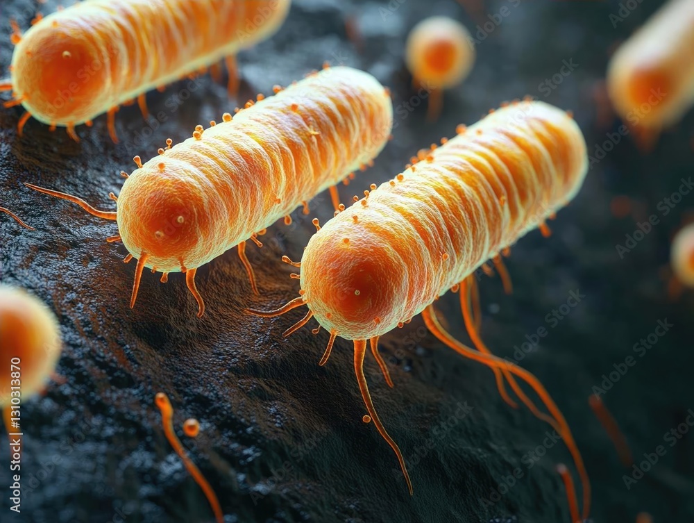 Poster close-up view of bacteria with intricate structures, highlighting their movement and environment