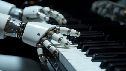 Naklejka premium a close-up of a robotic hand playing a piano. The mechanical fingers are pressing the piano keys, demonstrating the integration of robotics and music.