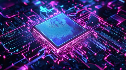 Futuristic microchip surrounded by illuminated circuitry and light trails