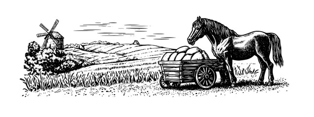 Engraved illustration of a horse pulling a cart filled with harvest in a pastoral landscape with a windmill at dusk