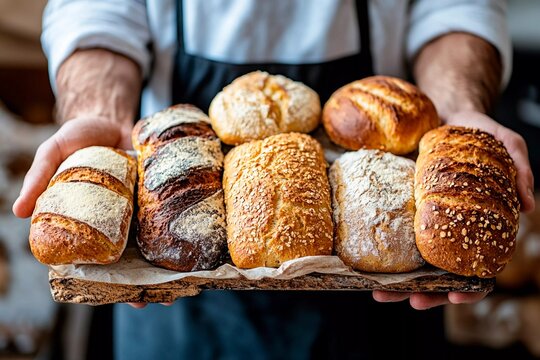 A baker presents a tray of assorted artisan bread featuring various textures and toppings. The warm ambiance of the bakery enhances the inviting atmosphere - Powered by Adobe