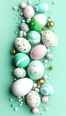 Easter eggs floating on pastel backdrop with confetti spheres and light ambiance