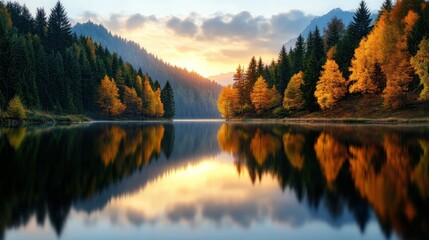 Fototapeta premium Autumn sunrise over a calm lake, reflected in still water, with vibrant fall colors