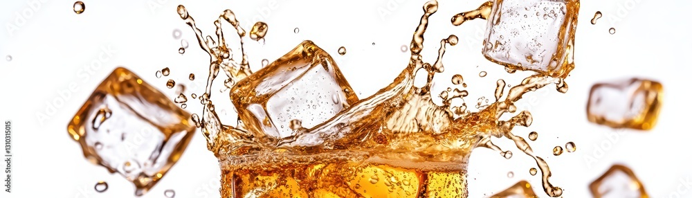 Poster dynamic splash of ice cubes in refreshing soda creating a chaotic scene of refreshment