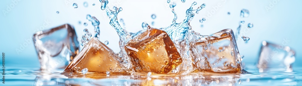 Poster dynamic splash of ice cubes in refreshing soda with bubbles and water droplets