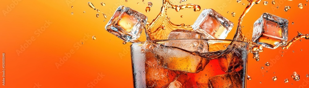 Poster ice cubes splashing into a glass of refreshing soda with dynamic liquid motion effect