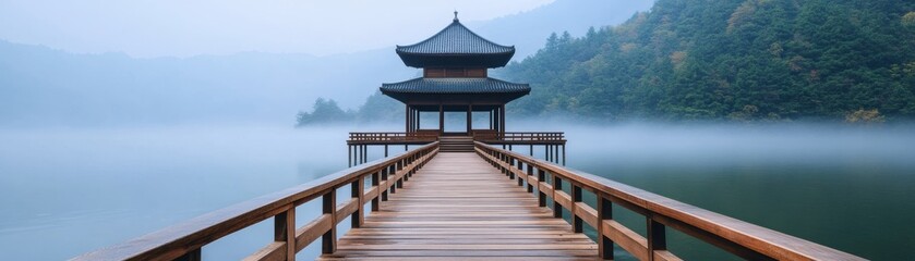 A serene wooden pier leading to a traditional pavilion, surrounded by misty mountains, reflecting tranquility and natural beauty.
