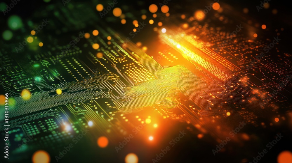 Poster close-up of illuminated circuit board, showcasing intricate pathways and glowing components.