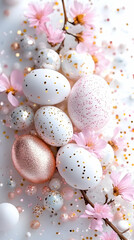 Obraz premium Easter eggs with pink blossoms and scattered pearls on a bright surface