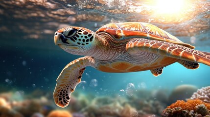 Sea Turtle swimming in coral reef underwater scene