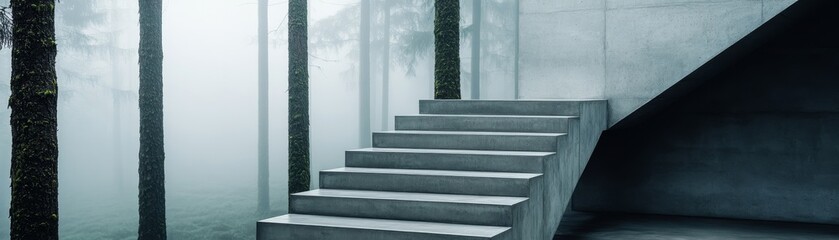 A sleek staircase in a foggy forest, blending modern design with natural elements for a serene and mysterious ambiance.