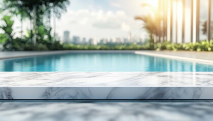 Fototapeta premium Stunning White Marble Top With Blurred Empty Swimming Pool Ideal For Mocking Up Product Displays In Advertising. Perfect For Showcasing Products.
