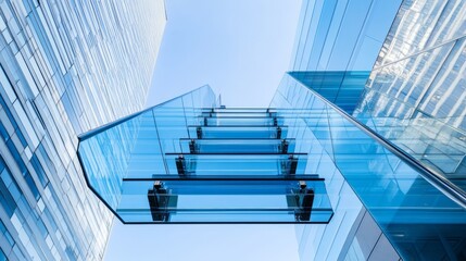 Obraz premium A striking view of glass staircases suspended between modern skyscrapers, showcasing innovative architecture against a clear blue sky.