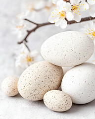 Fototapeta premium Eggs nestled in a garden, bloom, soft grey table, delicate, close-up, spring