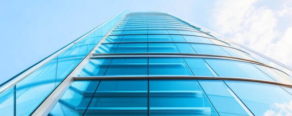 Obraz premium A stunning glass skyscraper reaches towards the sky, showcasing modern architecture and sleek design against a bright blue backdrop.