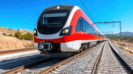 Naklejka premium Modern High-Speed Train on Tracks Under a Clear Blue Sky in Scenic Landscape