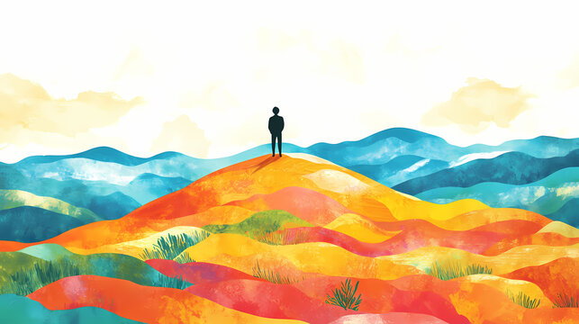 A person standing on a hilltop with a vast, colorful landscape below, symbolizing the limitless possibilities of an abundance mindset. Boundless - Horizon. Illustration