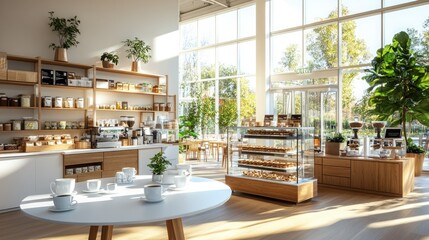 Sunny cafe interior with bakery display and garden view