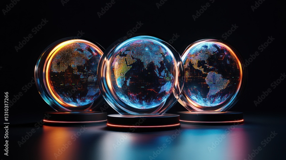 Poster three illuminated glass globes displaying a world map, showcasing global connectivity and data visua
