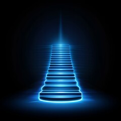 A stunning neon staircase illuminated in blue, leading upwards into the darkness, symbolizing ascent and aspiration.