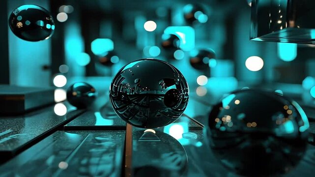 Schwebende schwarze Spiegelkugeln auf reflektierender Fl&auml;che