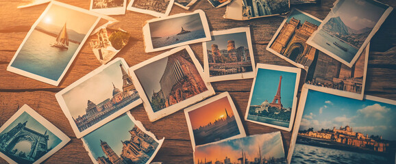 Scattered vintage travel photos on wooden surface, showcasing diverse landmarks and scenic views, symbolizing memories, adventure, and wanderlust