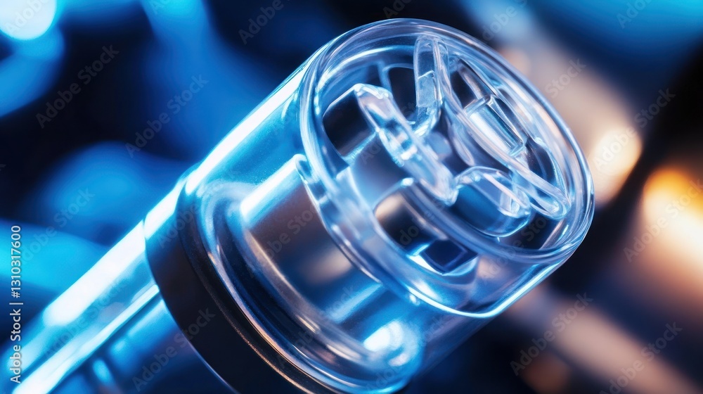 Poster close-up of a transparent cylindrical object with internal mechanisms, illuminated with blue light.