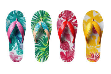 Colorful flip-flops with tropical patterns on a white background showing vibrant summer fashion choices