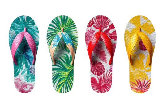 Colorful flip-flops with tropical patterns on a white background showing vibrant summer fashion choices