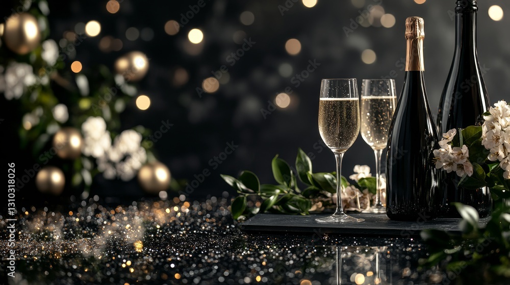 Poster a black and platinum party arrangement featuring elegant props and scattered sparkles, with intentio