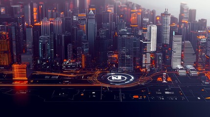 Futuristic cityscape overlaid with digital network.  High-tech metropolis with glowing orange lines and digital interface.  Modern architecture and glowing infrastructure.  Detailed city view.