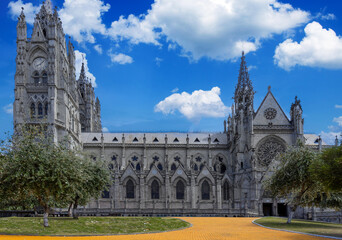 Cathedral Basilica of National Vow in historic center of Quito, Ecuador. Roman catholic church.