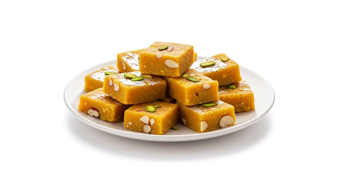 traditional Indian sweet halwa or burfi besan burfi known in india as magas burfi, made from  gram flour or chickpea flour, with dry fruit garnish