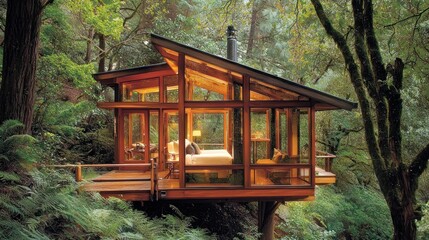 Modern treehouse nestled in lush forest.