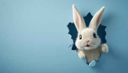 Obraz premium Surprise Appearance Of Easter Bunny Emerging From Blue Wall In Stunning Rendering Captured In Artistic Image.