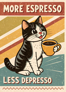 cat with espresso coffee vintage poster, more espresso, less depresso