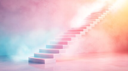 A surreal, dreamy staircase ascending through colorful fog, evoking feelings of hope, aspiration, and transcendence.