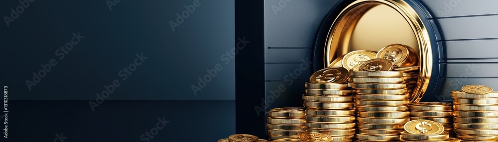 Poster golden coins overflowing from a secure deposit box in a modern safe environment