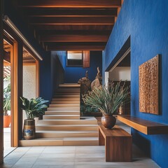 a beautiful modern interior foyer home in brazil. Colors of blues, bleached walnut, and a brown roof. Make the style a luxury modern ranch. Use modern wood details for wall but organic and colorful fu