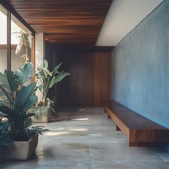 a beautiful modern interior foyer home in brazil. Colors of blues, bleached walnut, and a brown roof. Make the style a luxury modern ranch. Use modern wood details for wall but organic and colorful fu