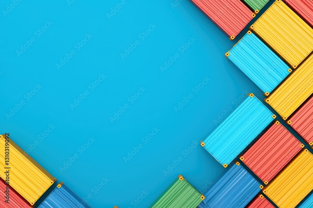 Poster colorful shipping containers arranged at a busy port with bright background and open space