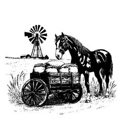 Fototapeta premium Majestic horse stands beside a wooden cart filled with hay near a windmill on a tranquil farm landscape at sunset