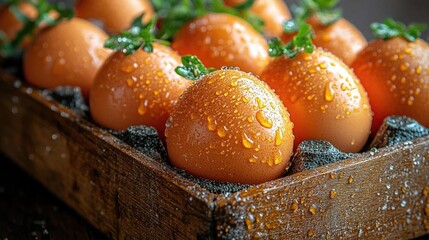 Freshly harvested eggs with droplets of water resting on a rustic wooden tray, surrounded by greenery
