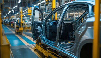 Obraz premium Preparations For Installing Body Parts In Car Factory: Production Of Car Doors For Assembly In Vehicle. An Essential Step In Manufacturing.