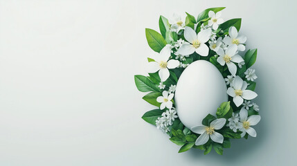 White egg resting among delicate spring blossoms and green leaves on  clean white background with empty space for text. Perfect for concepts of purity, nature, seasonal freshness, and minimalism